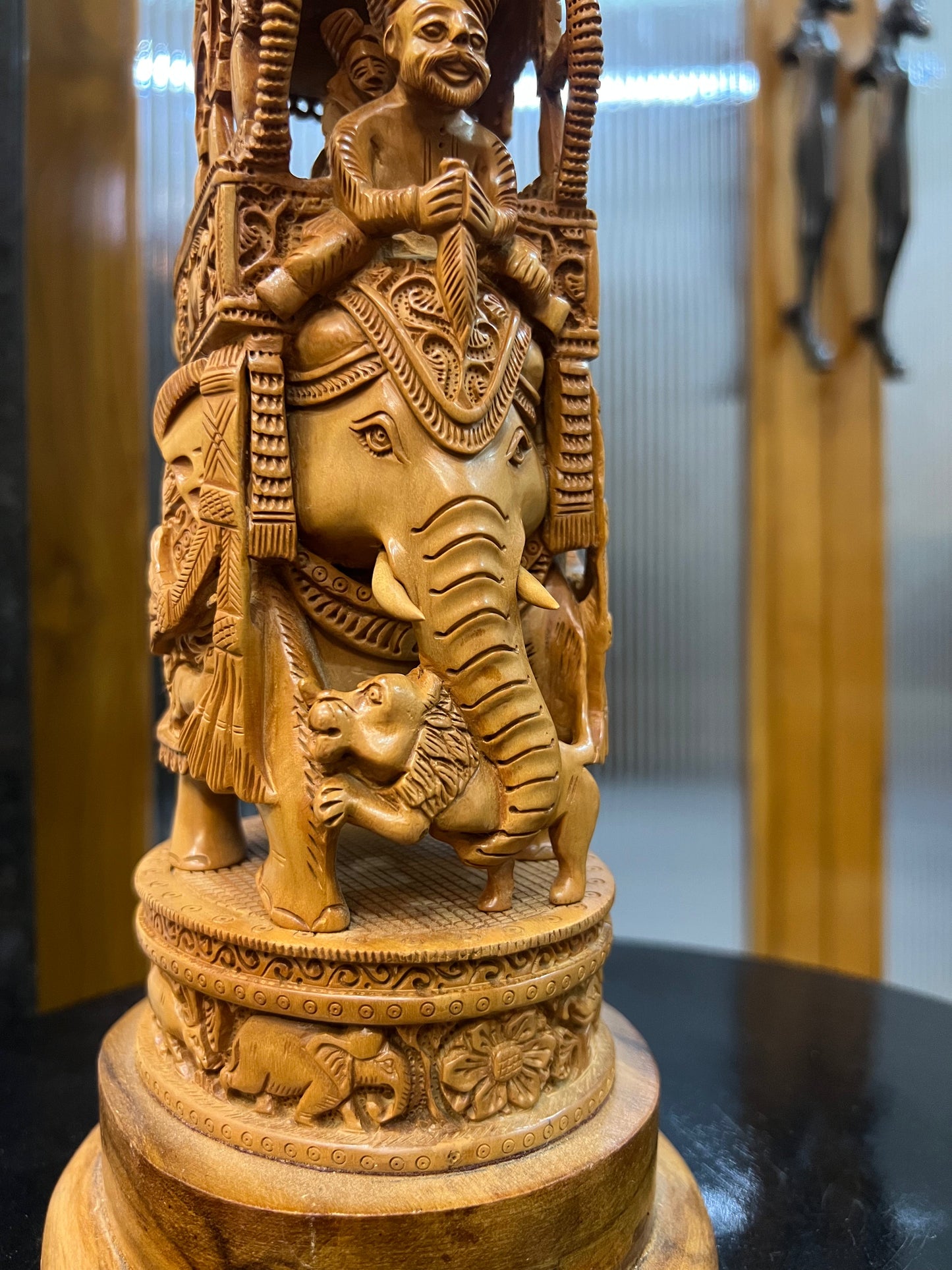 Sandalwood Fine Carved Royal Elephant Ambabari Statue (12" inches) - Malji Arts