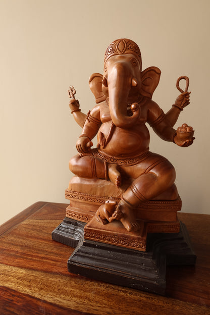 sandalwood beautifully hand carved sitting lord ganesha - Malji Arts