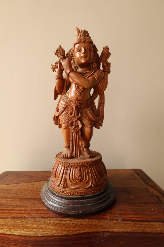 Sandalwood Krishna Standing 4 Hands Rare Piece - Malji Arts