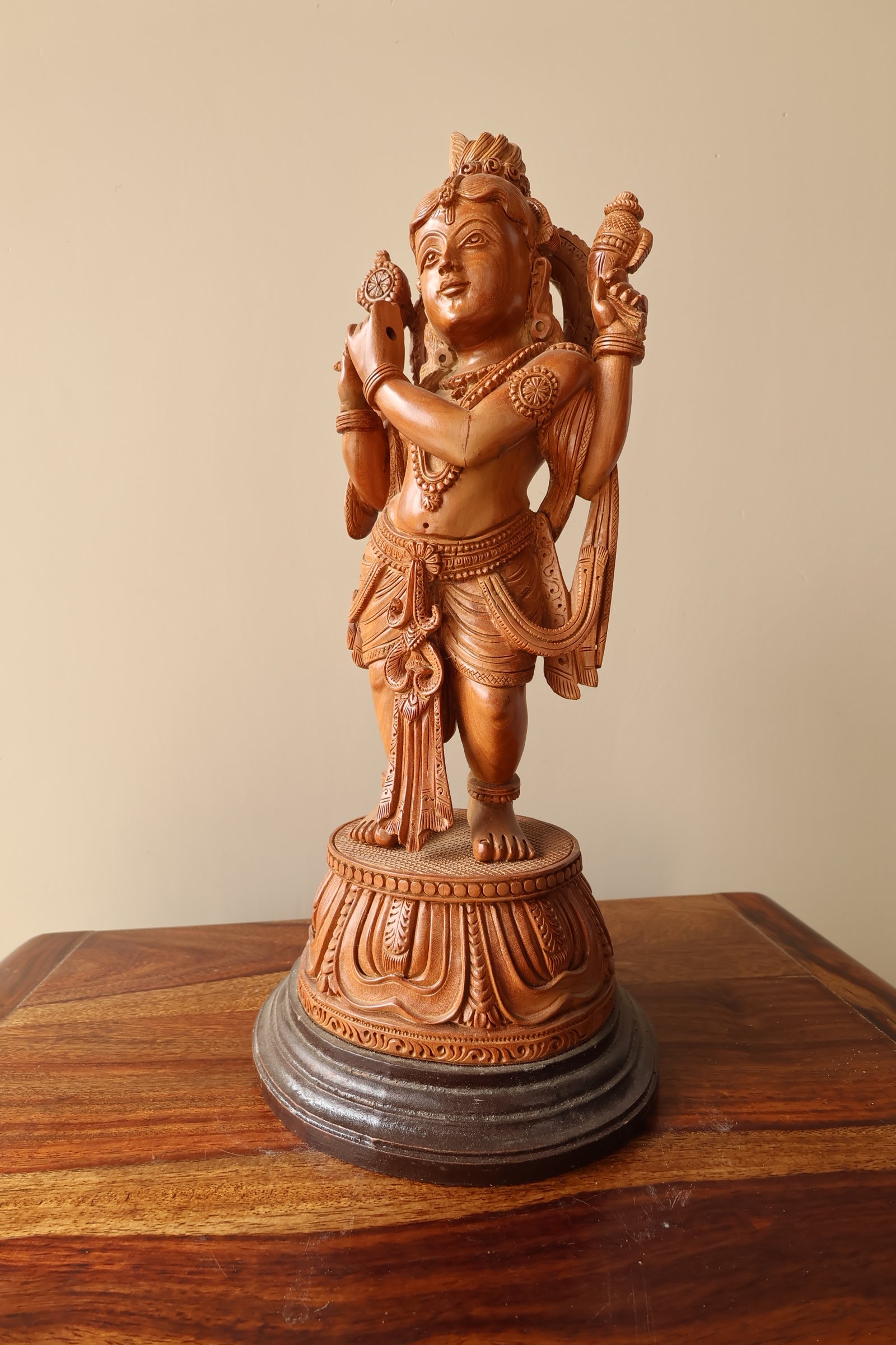Sandalwood Krishna Standing 4 Hands Rare Piece - Malji Arts