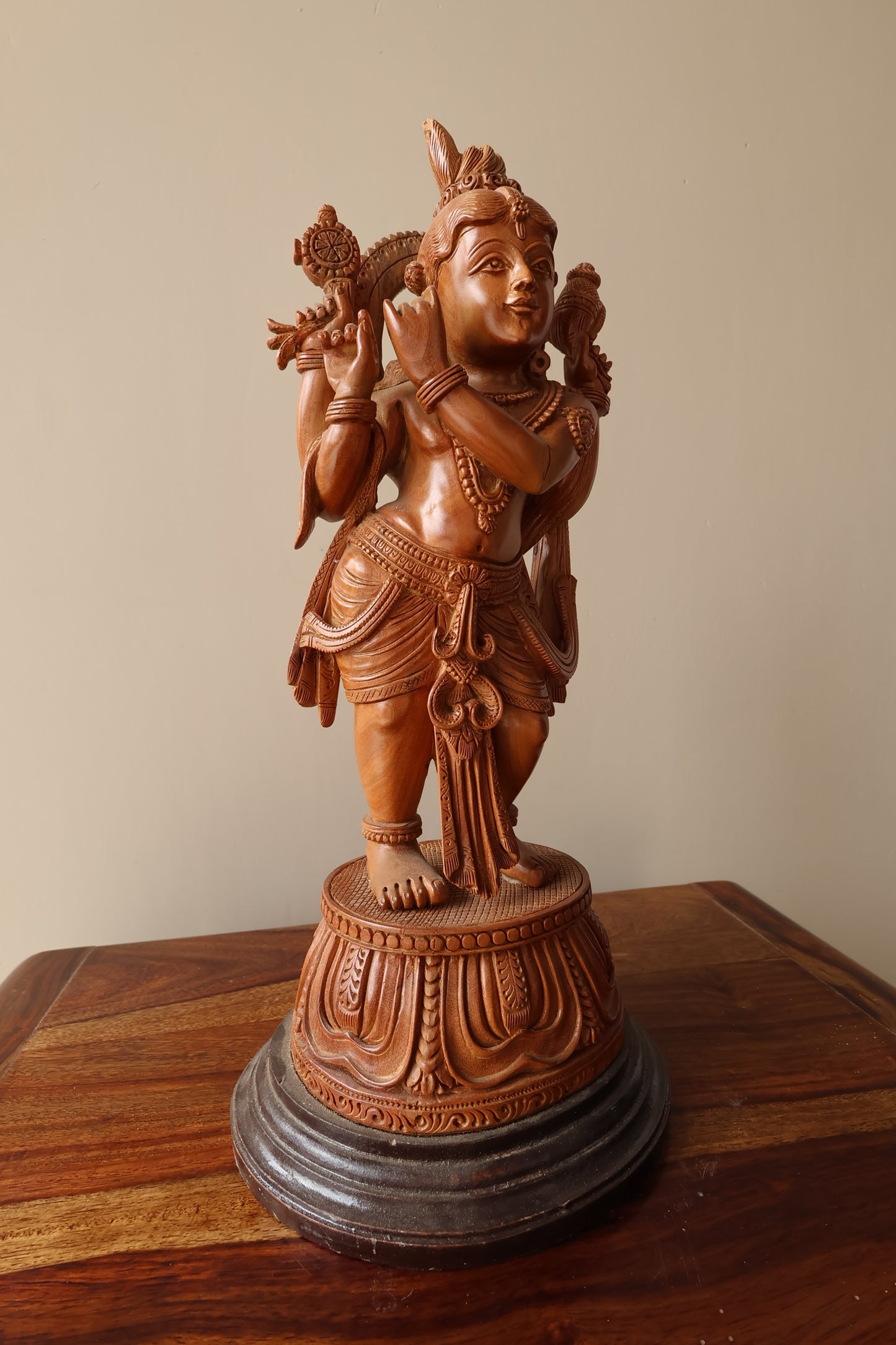 Sandalwood Krishna Standing 4 Hands Rare Piece - Malji Arts