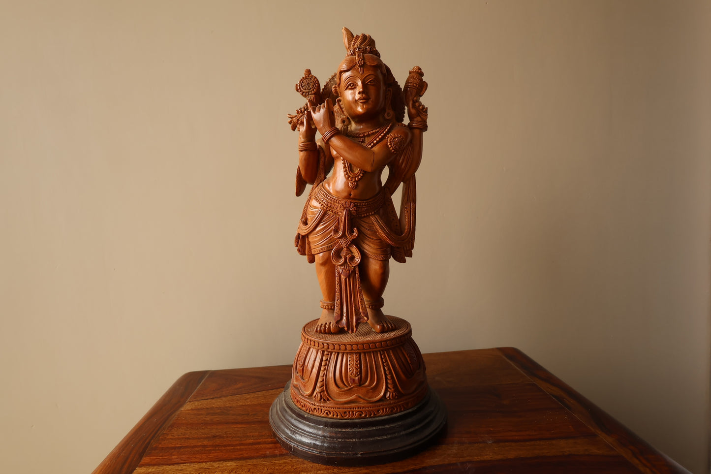 Sandalwood Krishna Standing 4 Hands Rare Piece - Malji Arts
