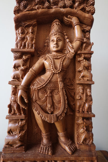 Sandalwood Rare Krishna Statue Holding Goverdhan - Malji Arts