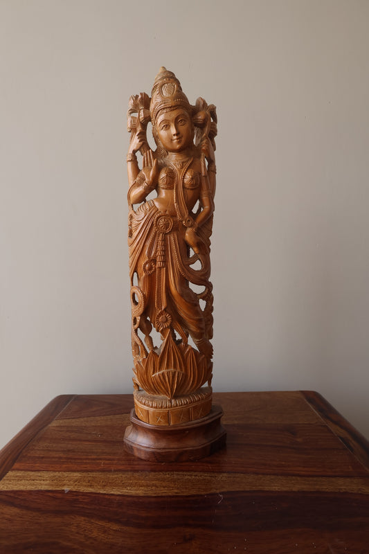 Sandalwood Hand Carved Round Goddess Laxmi Statue - Malji Arts