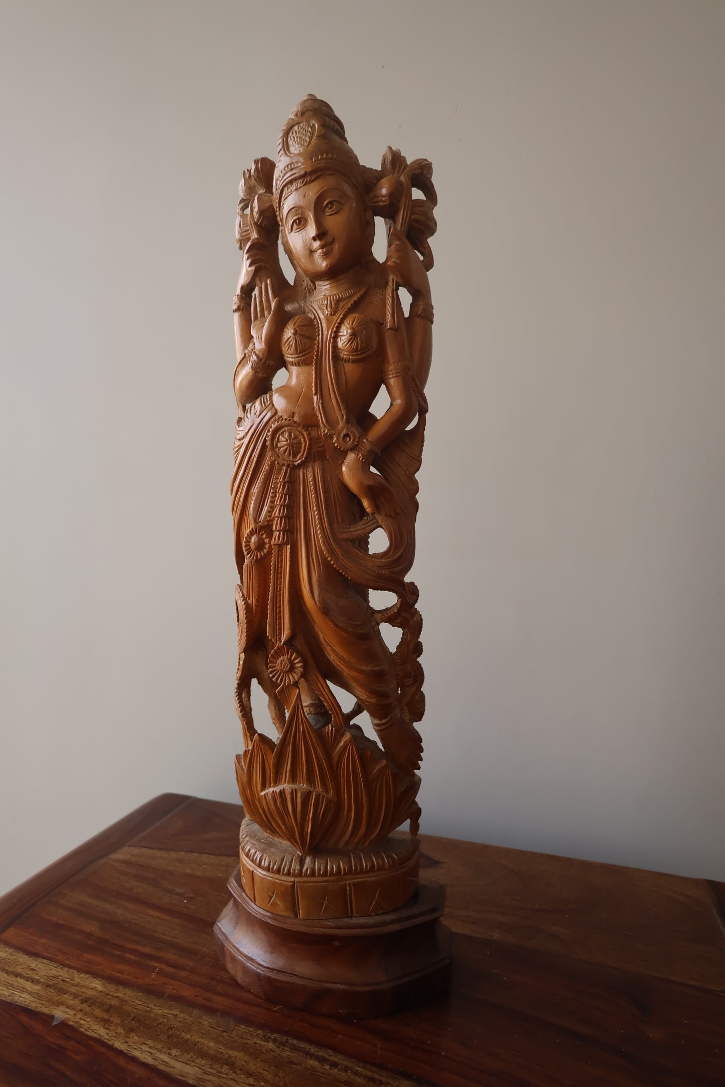 Sandalwood Hand Carved Round Goddess Laxmi Statue - Malji Arts