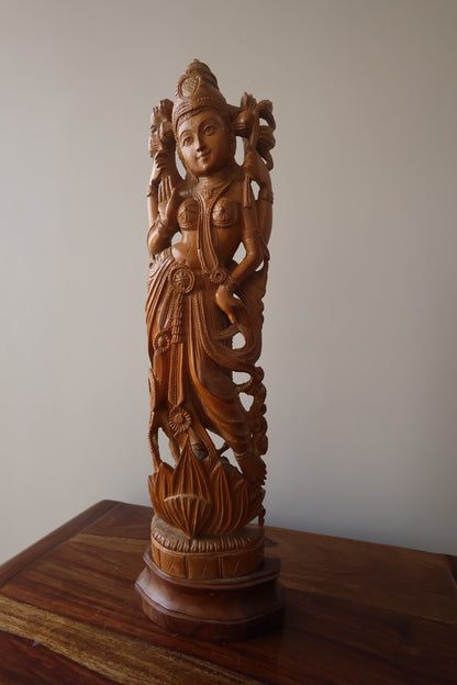 Sandalwood Hand Carved Round Goddess Laxmi Statue - Malji Arts