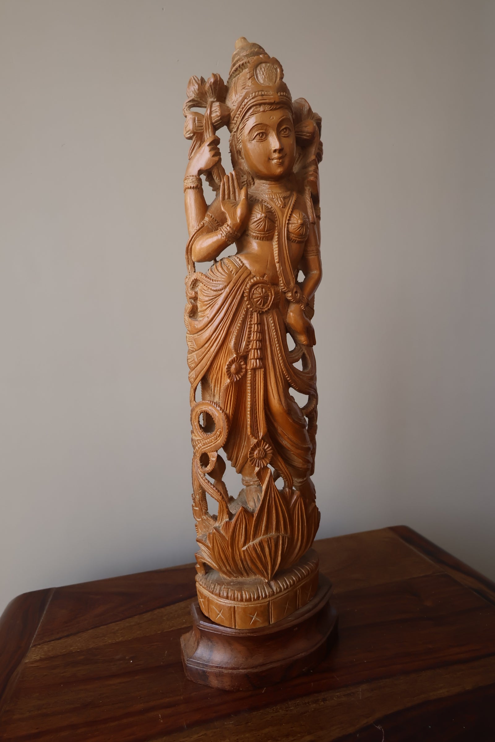 Sandalwood Hand Carved Round Goddess Laxmi Statue - Malji Arts