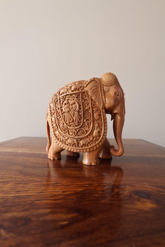 Sandalwood Hand Carved Elephant Statue with base - Malji Arts