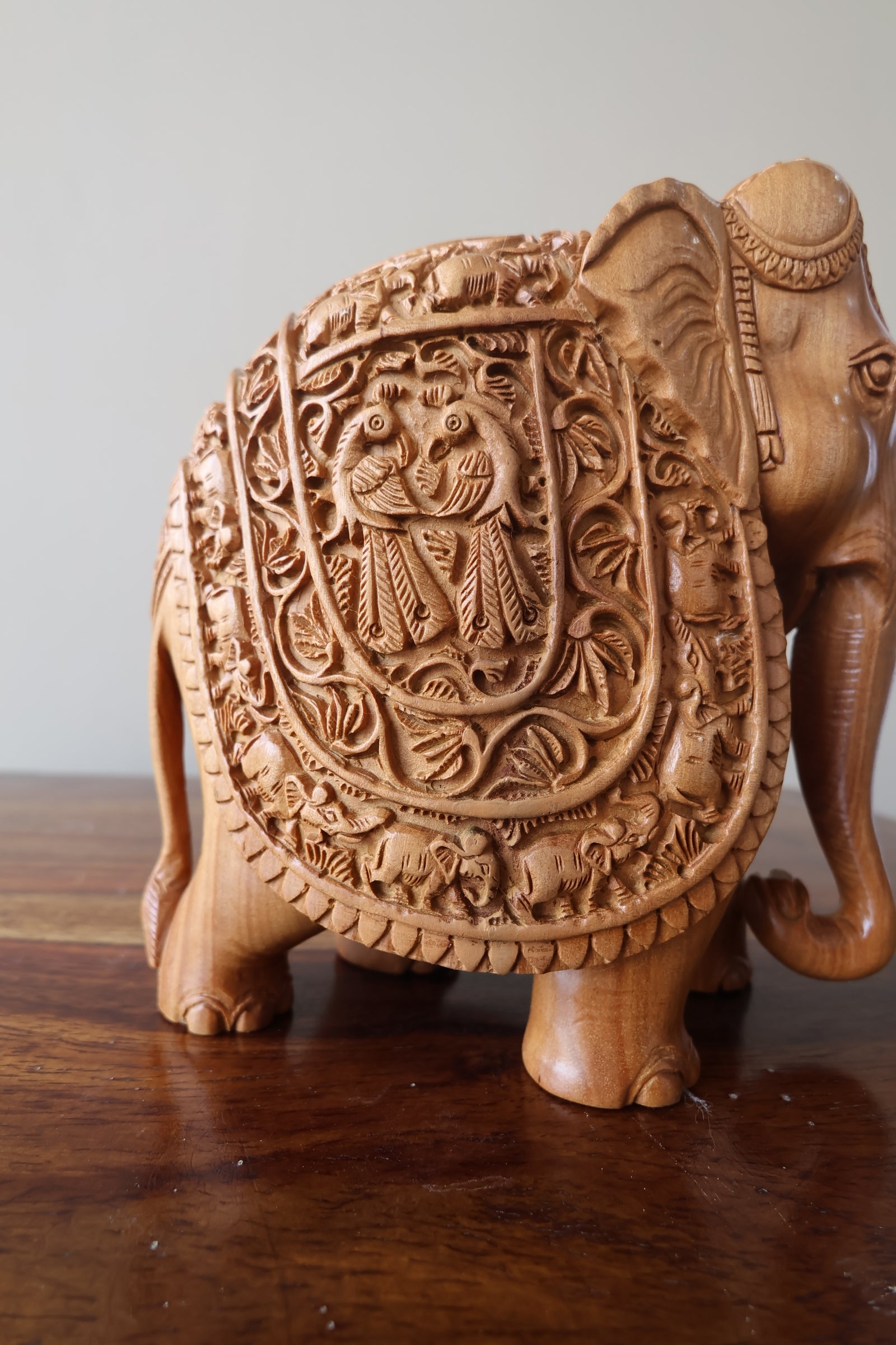 Sandalwood Hand Carved Elephant Statue with base - Malji Arts