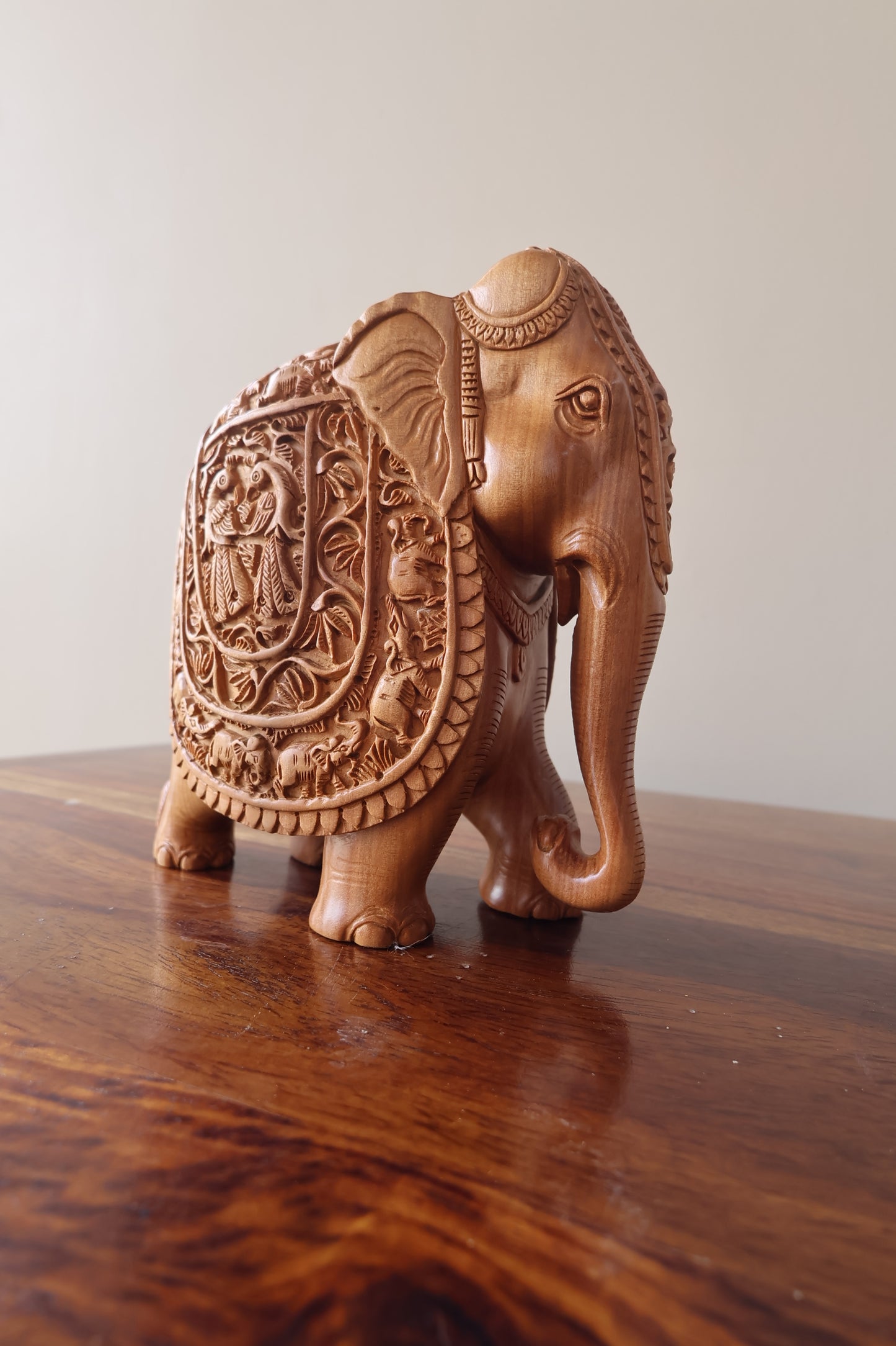 Sandalwood Hand Carved Elephant Statue with base - Malji Arts