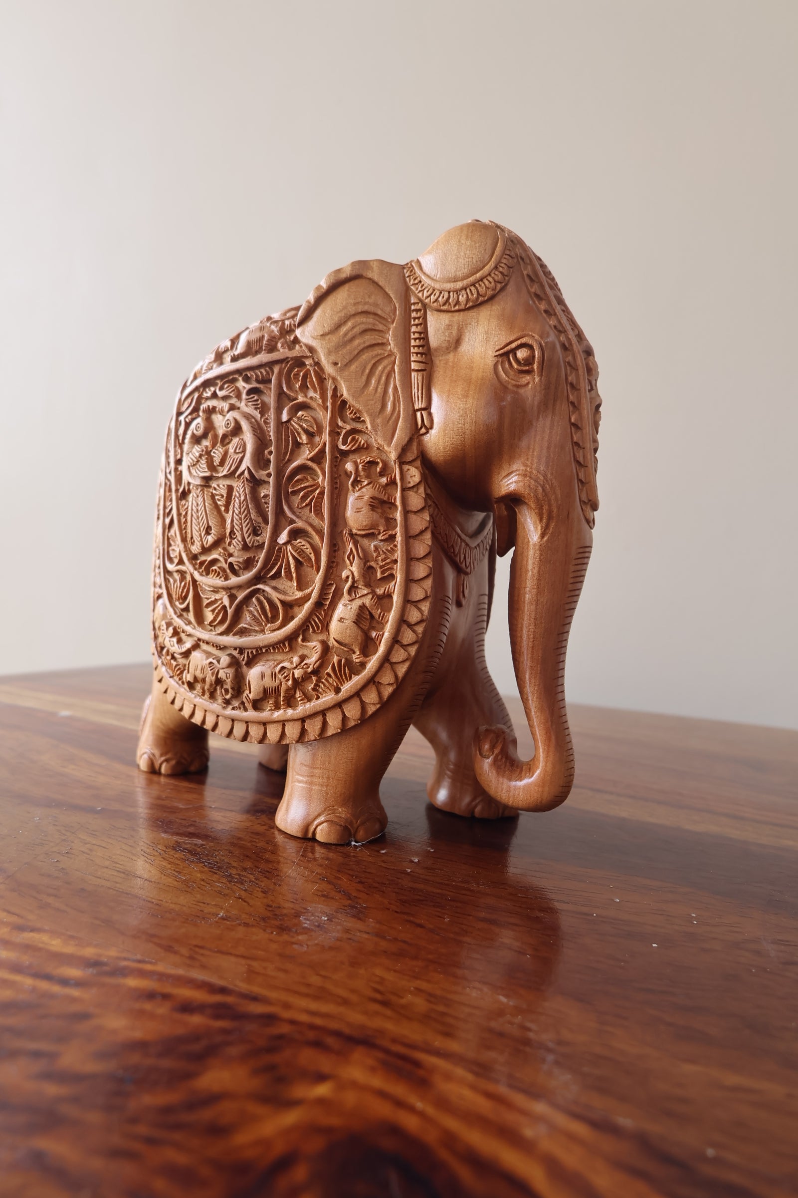 Sandalwood Hand Carved Elephant Statue with base - Malji Arts