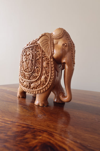 Sandalwood Hand Carved Elephant Statue with base - Malji Arts