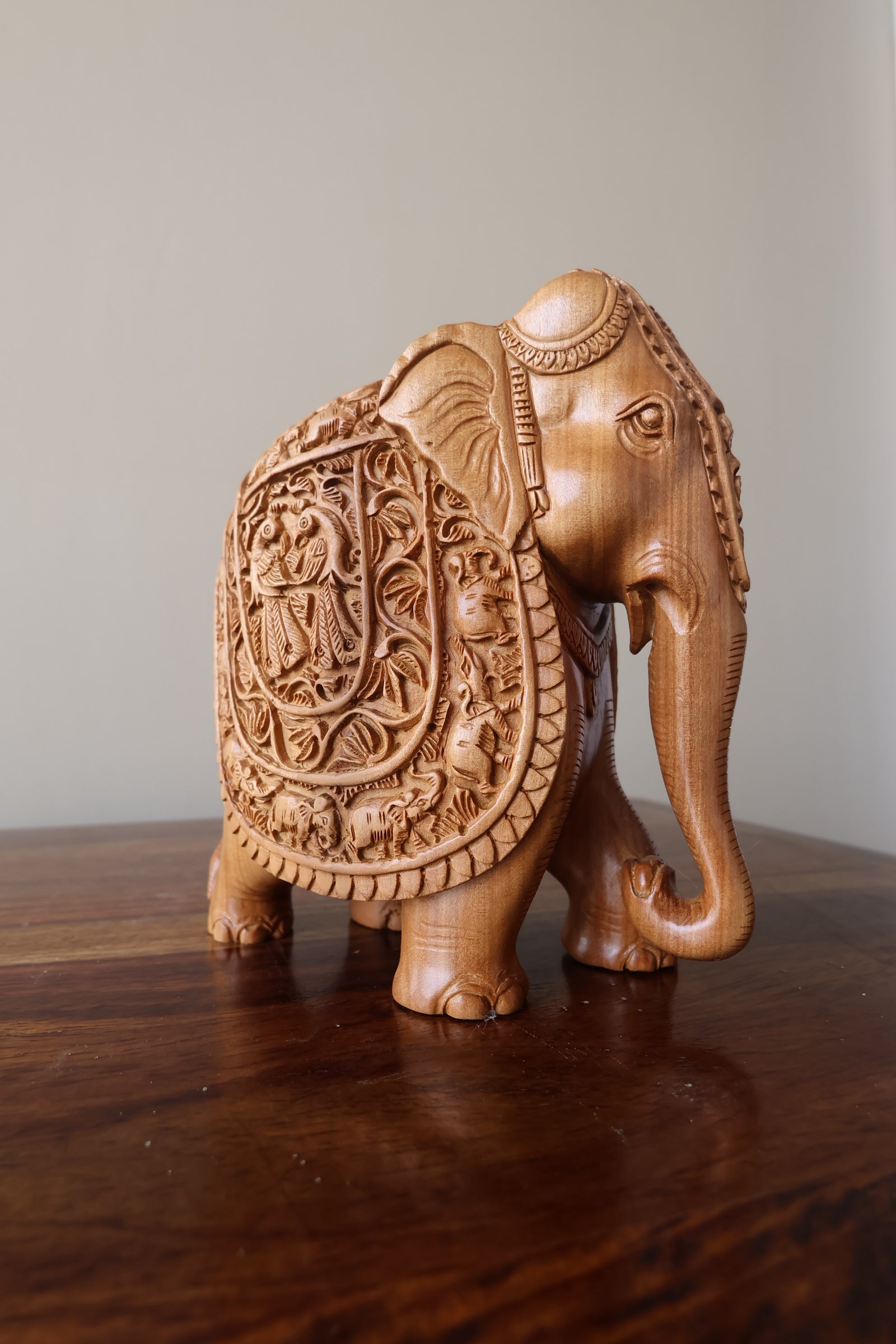 Sandalwood Hand Carved Elephant Statue with base - Malji Arts
