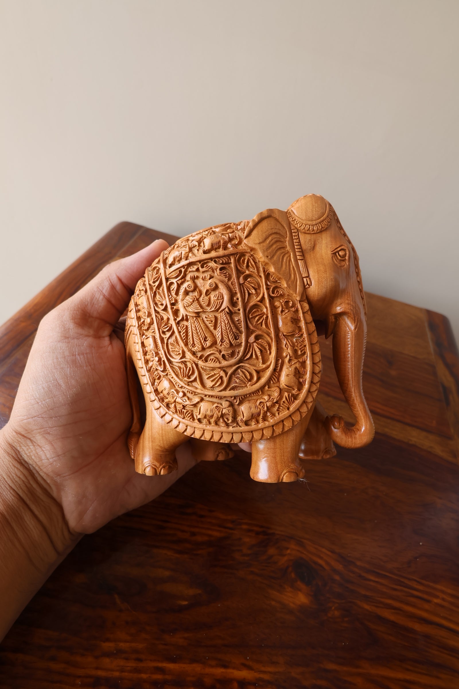 Sandalwood Hand Carved Elephant Statue with base - Malji Arts