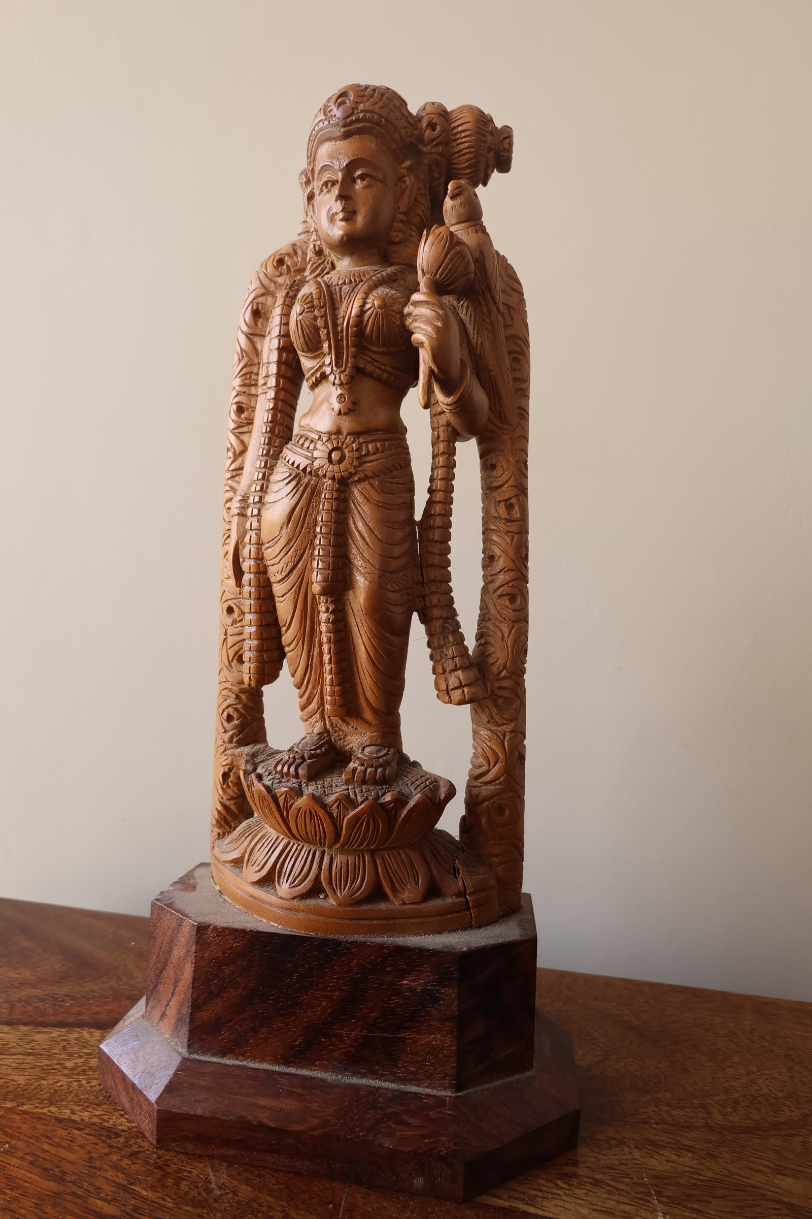 Antique Sandalwood Radha Holding Parrot Statue - Malji Arts