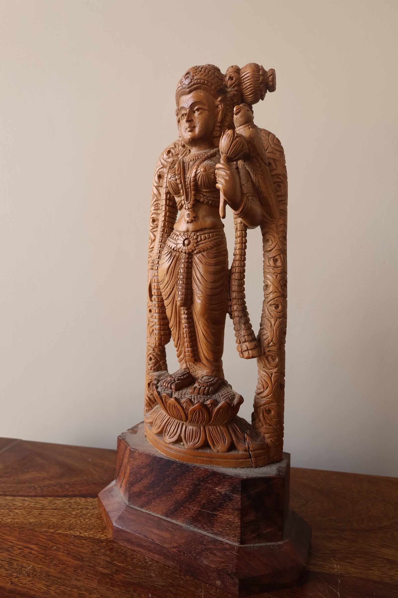 Antique Sandalwood Radha Holding Parrot Statue - Malji Arts