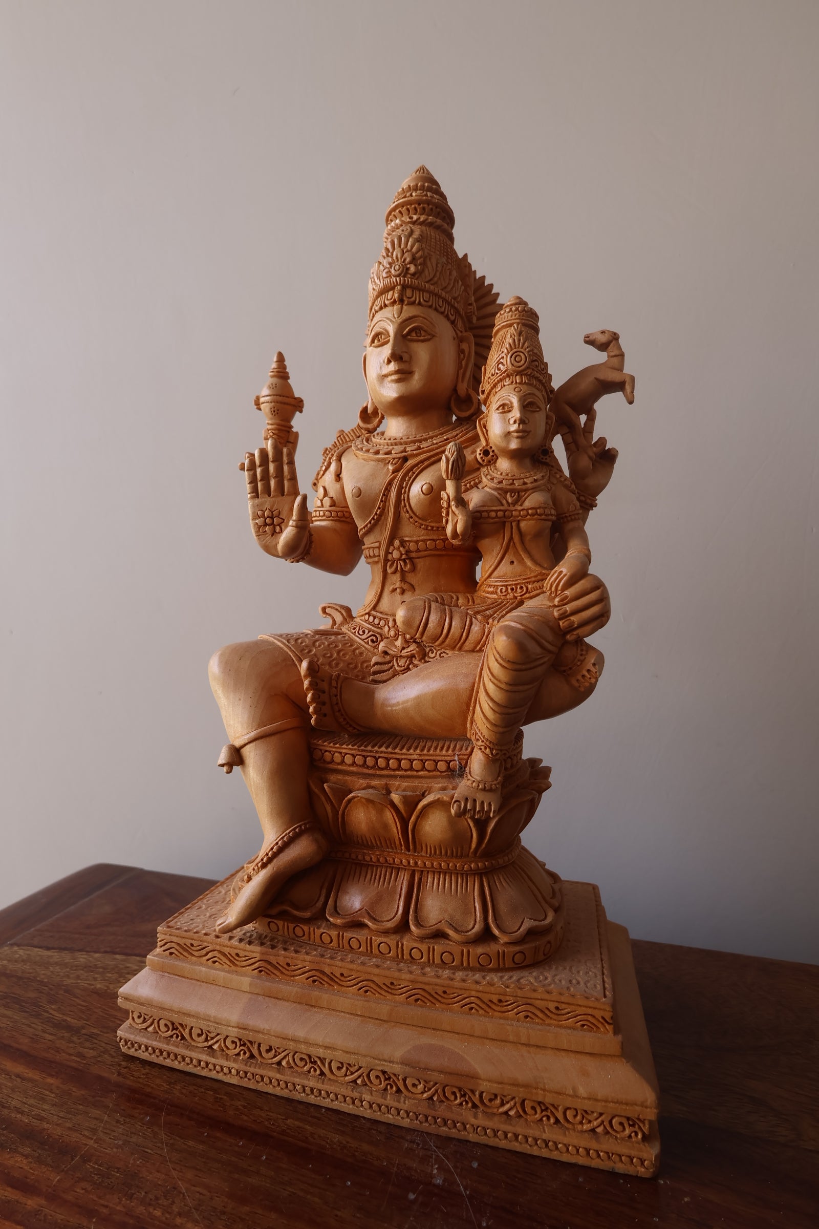 Wooden Fine Hand Carved Vishnu Laxmi Statue - Malji Arts