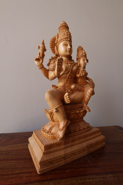 Wooden Fine Hand Carved Vishnu Laxmi Statue - Malji Arts