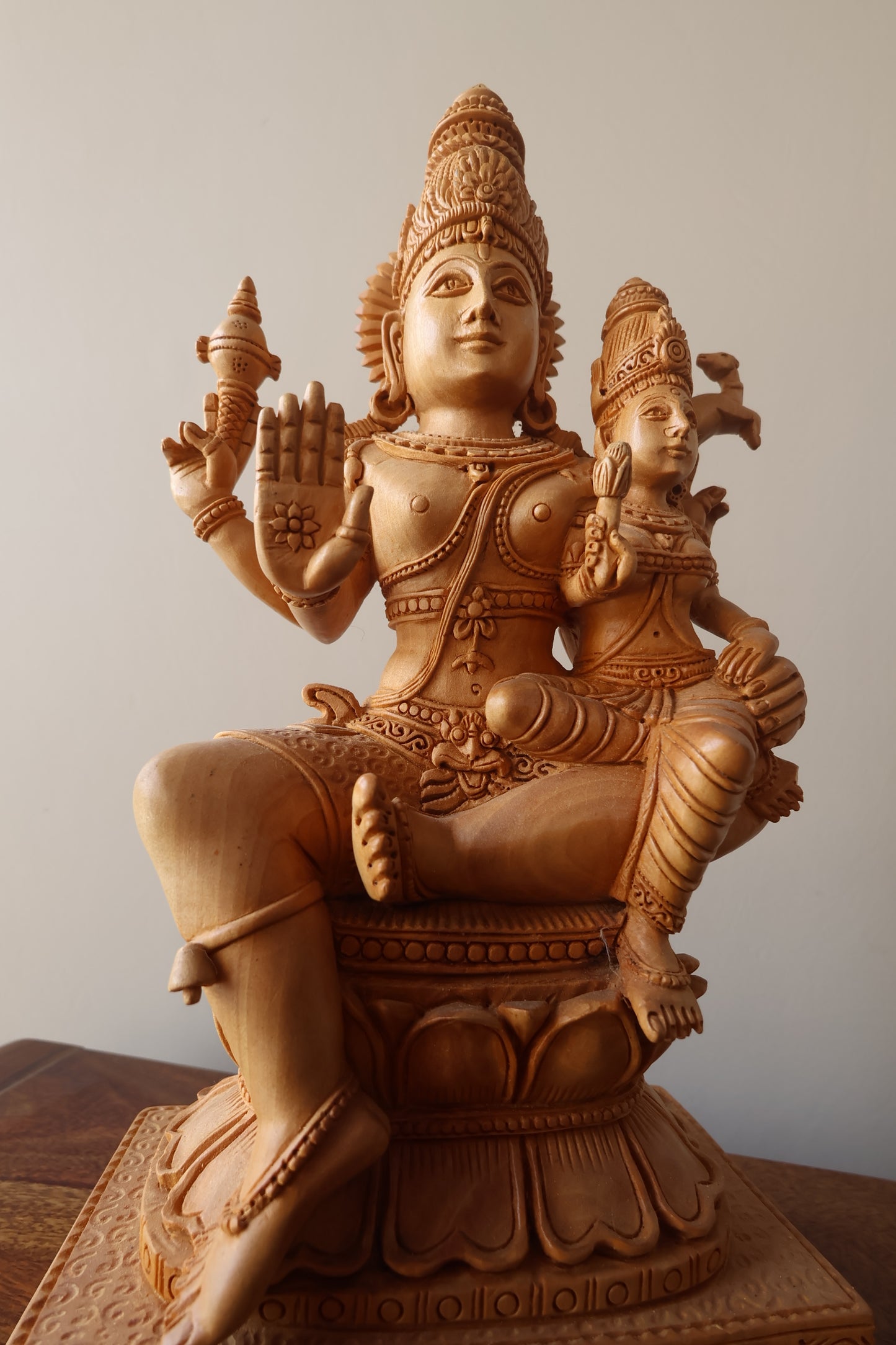 Wooden Fine Hand Carved Vishnu Laxmi Statue - Malji Arts