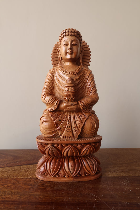 Sandalwood Beautifully Hand Carved Rare Meditation Buddha Statue - Malji Arts