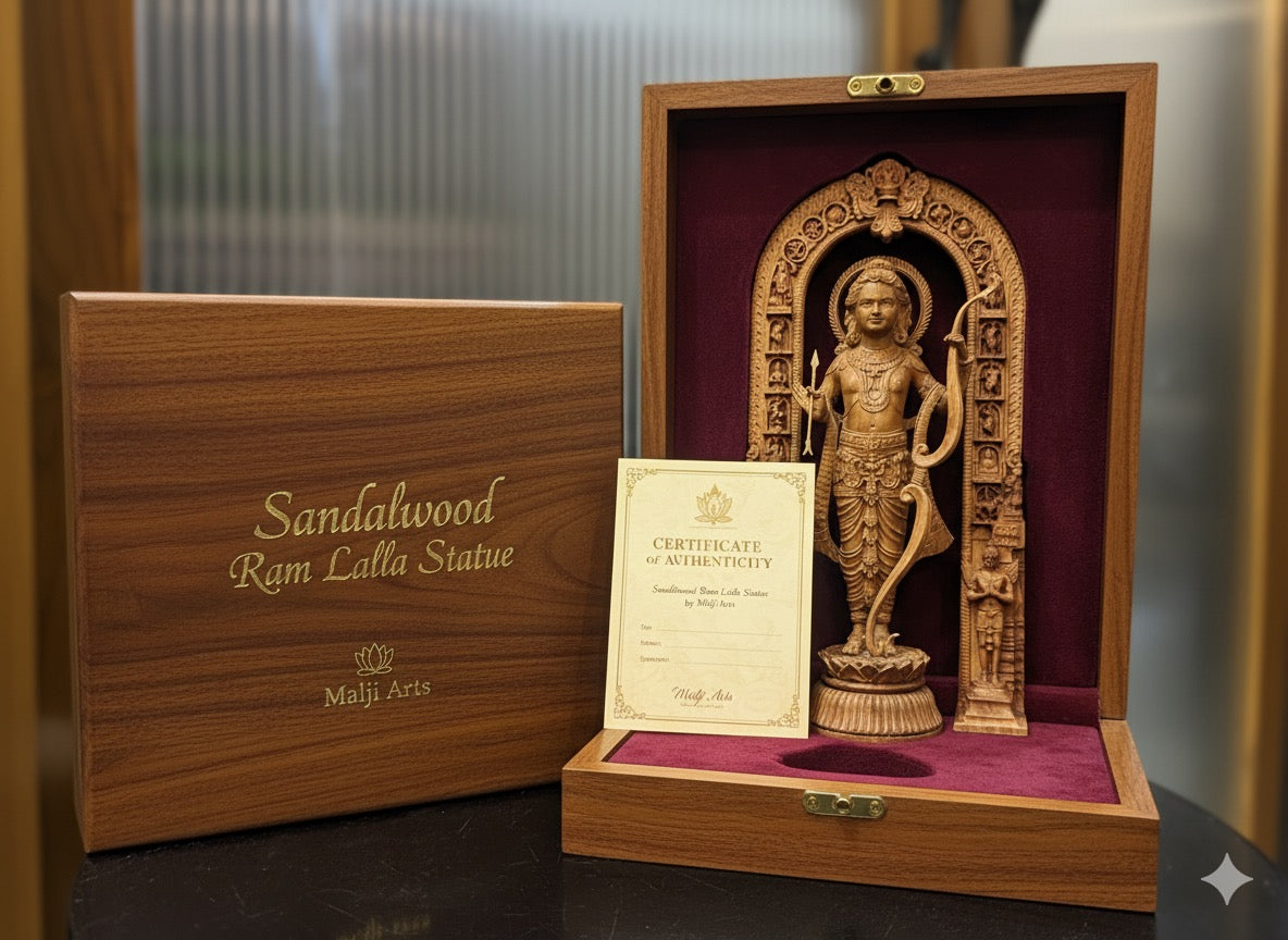 10-inch sandalwood Ram Lalla statue - Malji Arts