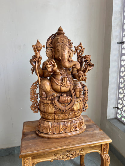Hand-Carved Sandalwood Ganesha Statue on Lotus Base 32" inch - Malji Arts