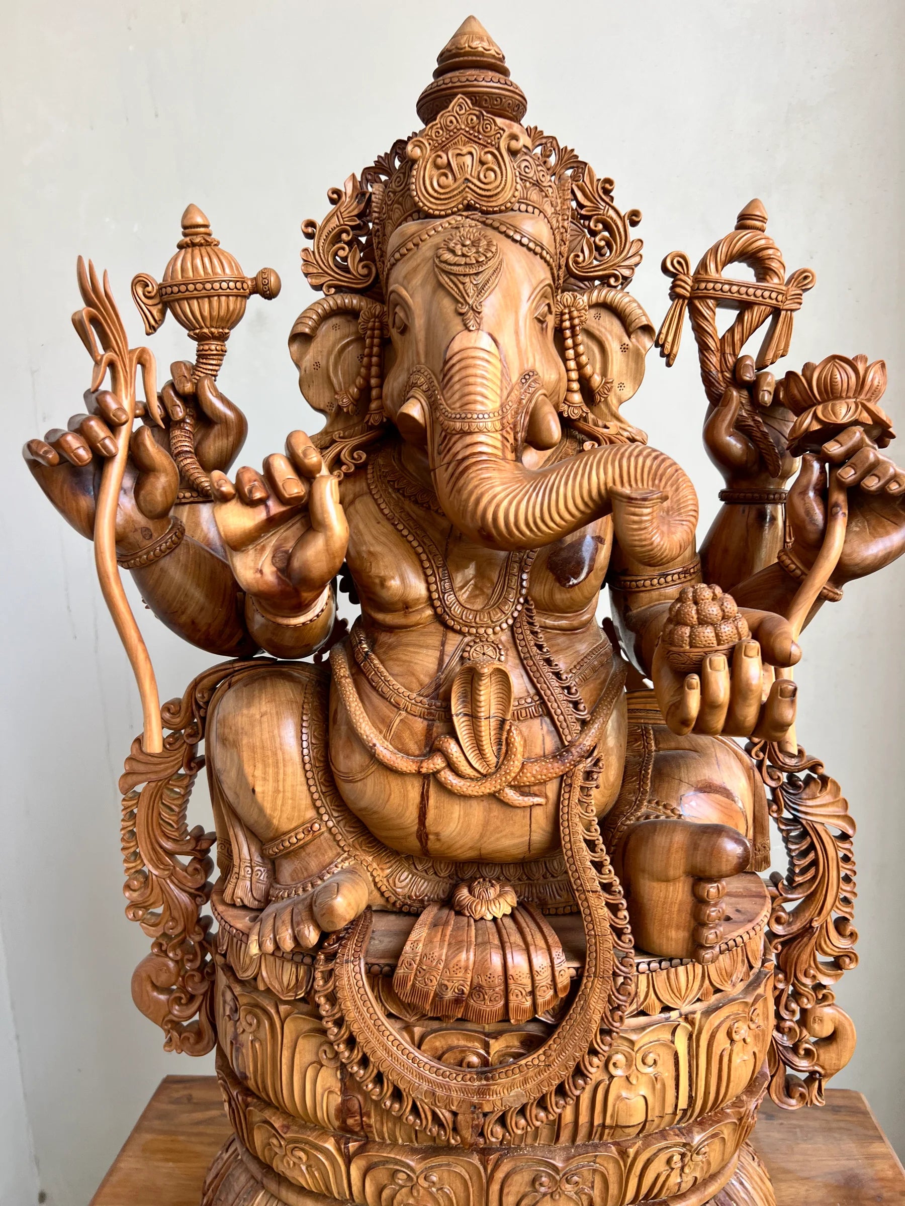 Hand-Carved Sandalwood Ganesha Statue on Lotus Base 32" inch - Malji Arts