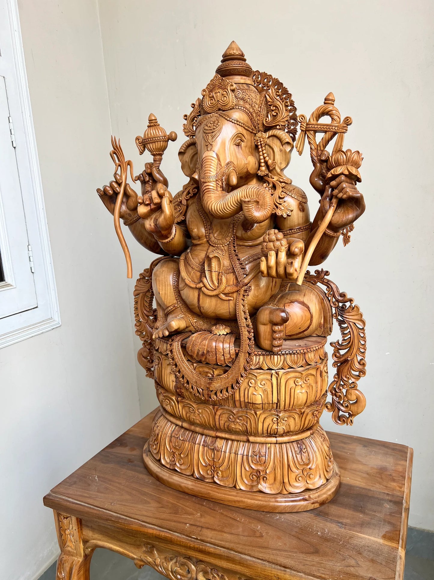 Hand-Carved Sandalwood Ganesha Statue on Lotus Base 32" inch - Malji Arts