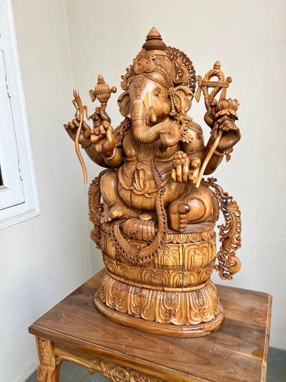 Hand-Carved Sandalwood Ganesha Statue on Lotus Base 32" inch - Malji Arts