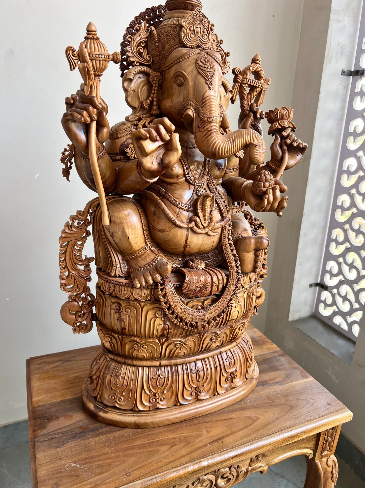Hand-Carved Sandalwood Ganesha Statue on Lotus Base 32" inch - Malji Arts