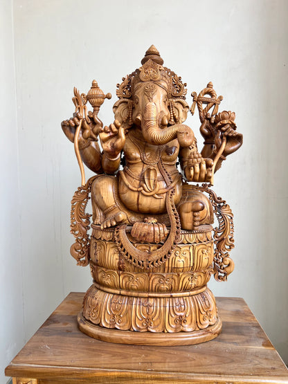 Hand-Carved Sandalwood Ganesha Statue on Lotus Base 32" inch - Malji Arts