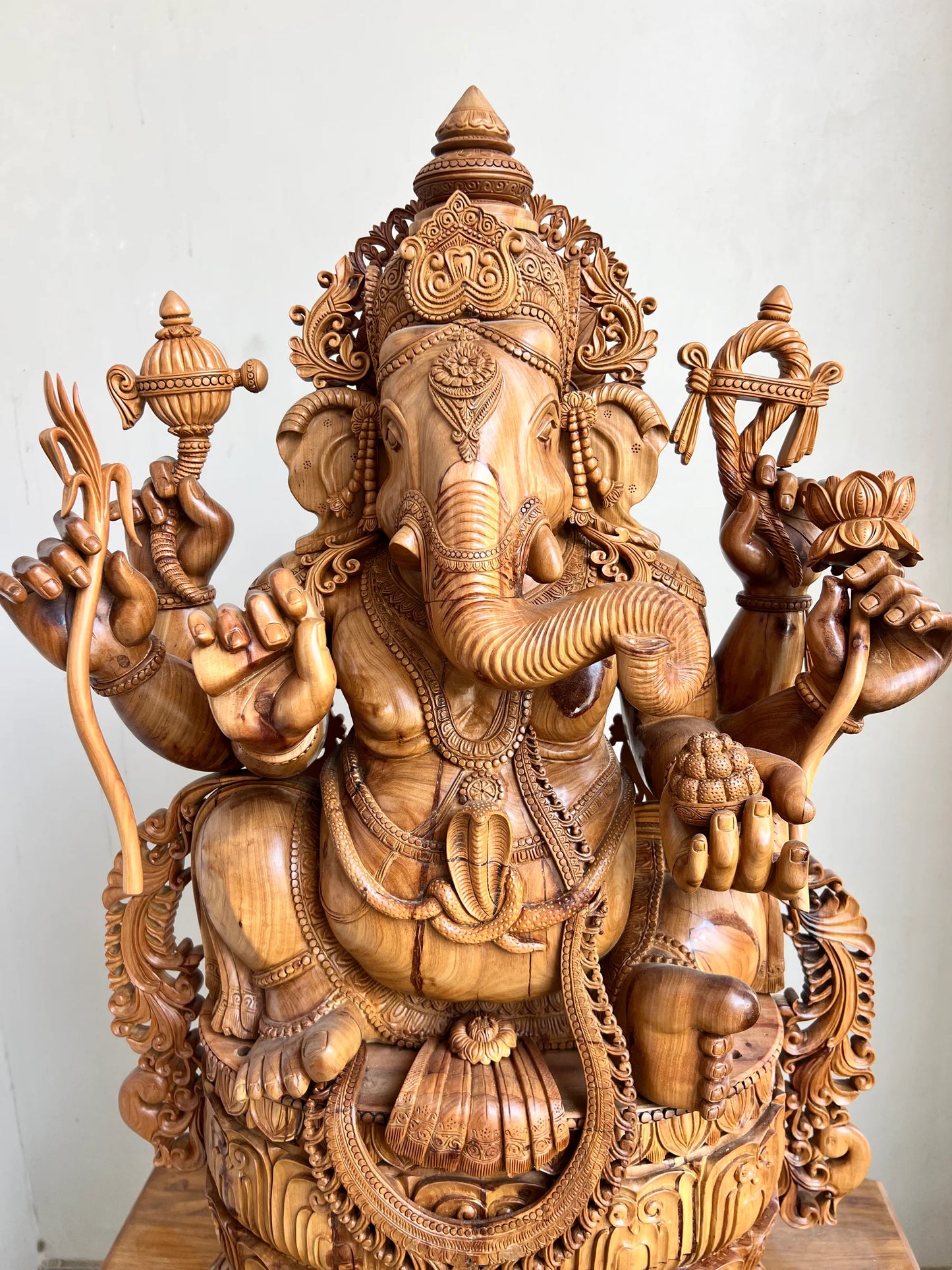 Hand-Carved Sandalwood Ganesha Statue on Lotus Base 32" inch - Malji Arts