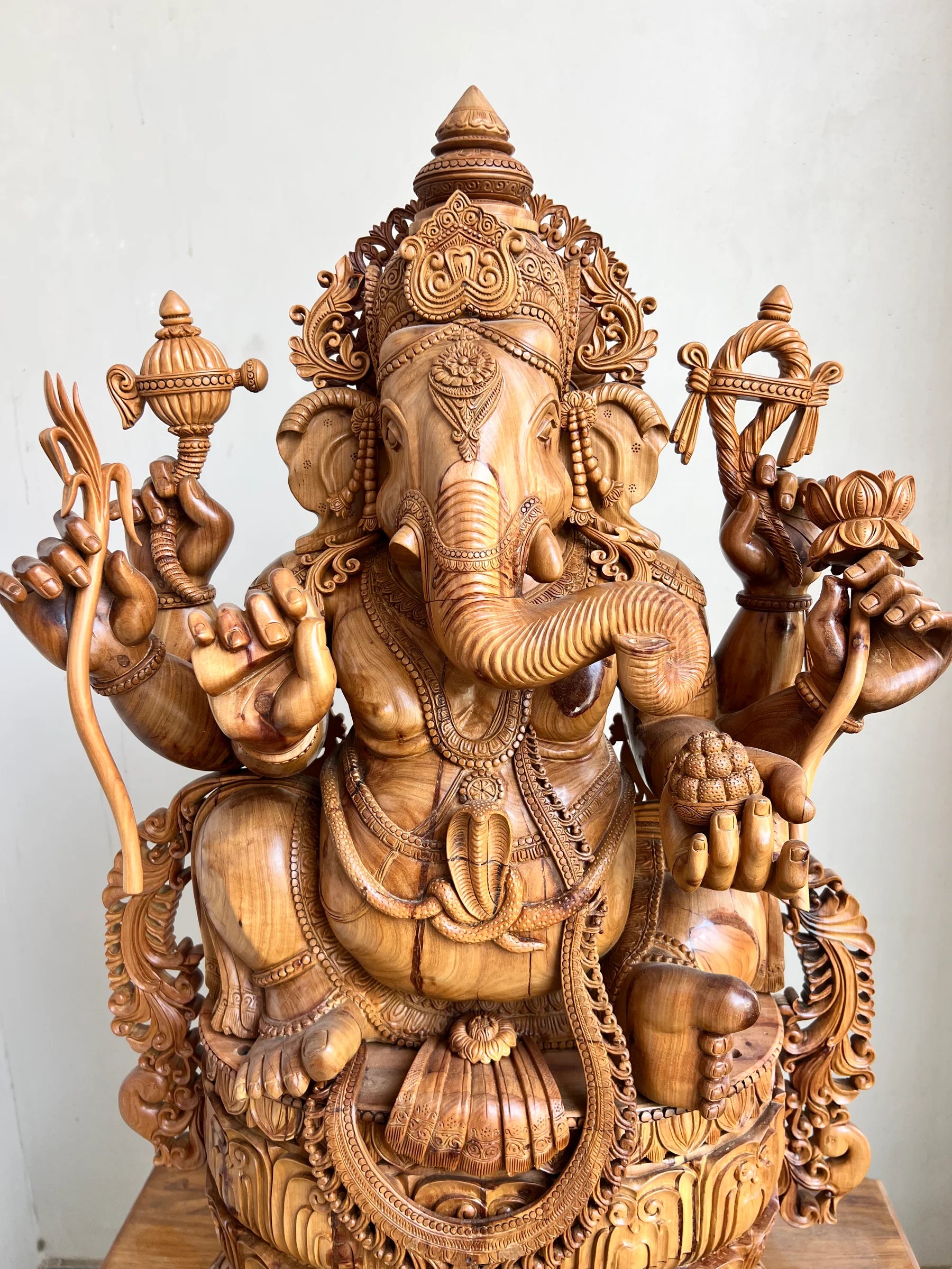 Hand-Carved Sandalwood Ganesha Statue on Lotus Base 32" inch - Malji Arts