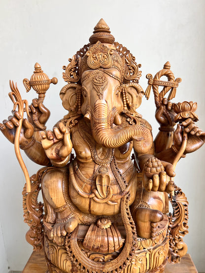 Hand-Carved Sandalwood Ganesha Statue on Lotus Base 32" inch - Malji Arts