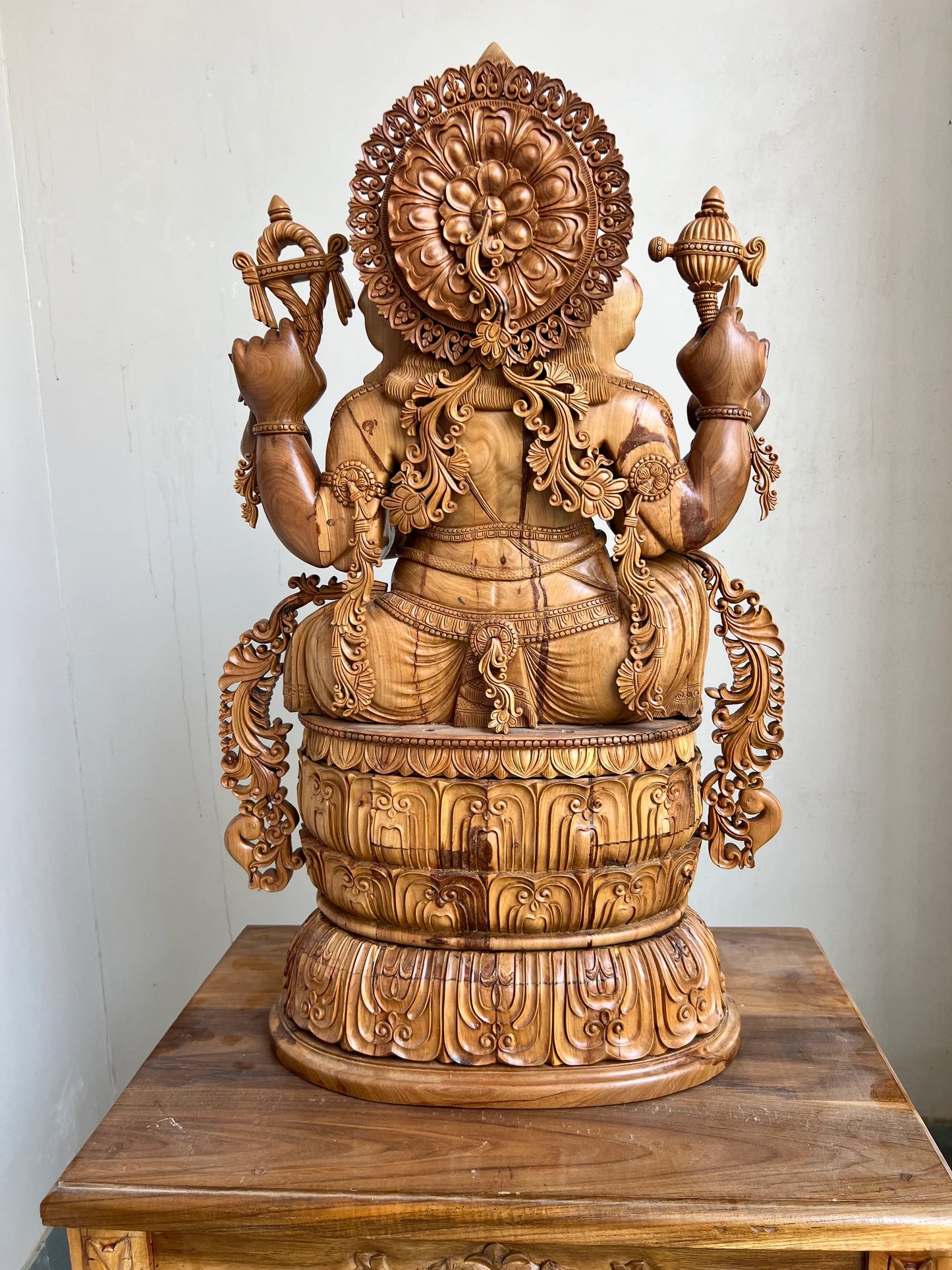 Hand-Carved Sandalwood Ganesha Statue on Lotus Base 32" inch - Malji Arts