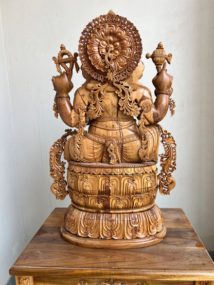 Hand-Carved Sandalwood Ganesha Statue on Lotus Base 32" inch - Malji Arts