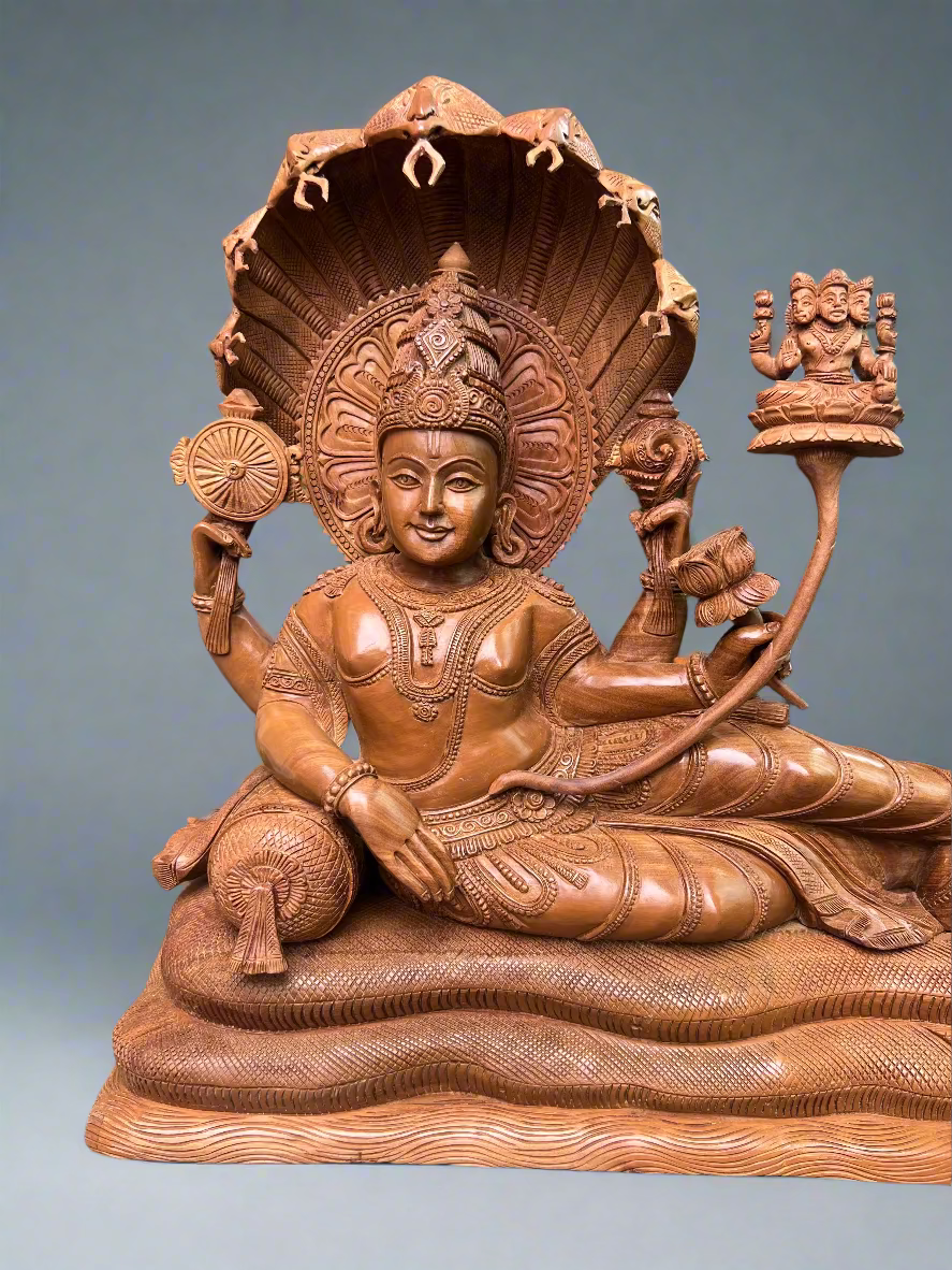 Sandalwood Carving Lord Vishnu reclining on Shesh Naag - Malji Arts