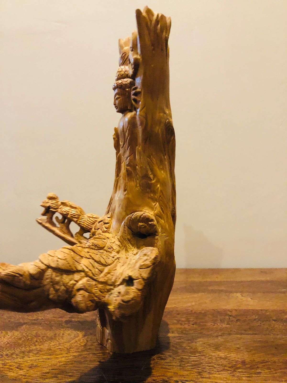 Sandalwood Root Fine Carved Jungle and Buddha Meditation Scene - Malji Arts
