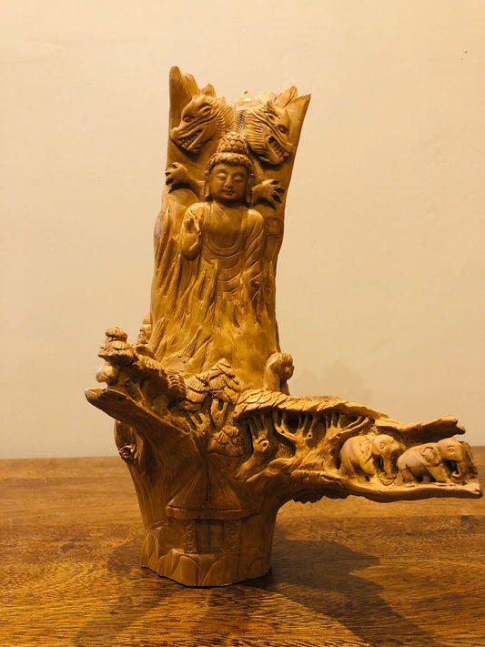 Sandalwood Root Fine Carved Jungle and Buddha Meditation Scene - Malji Arts