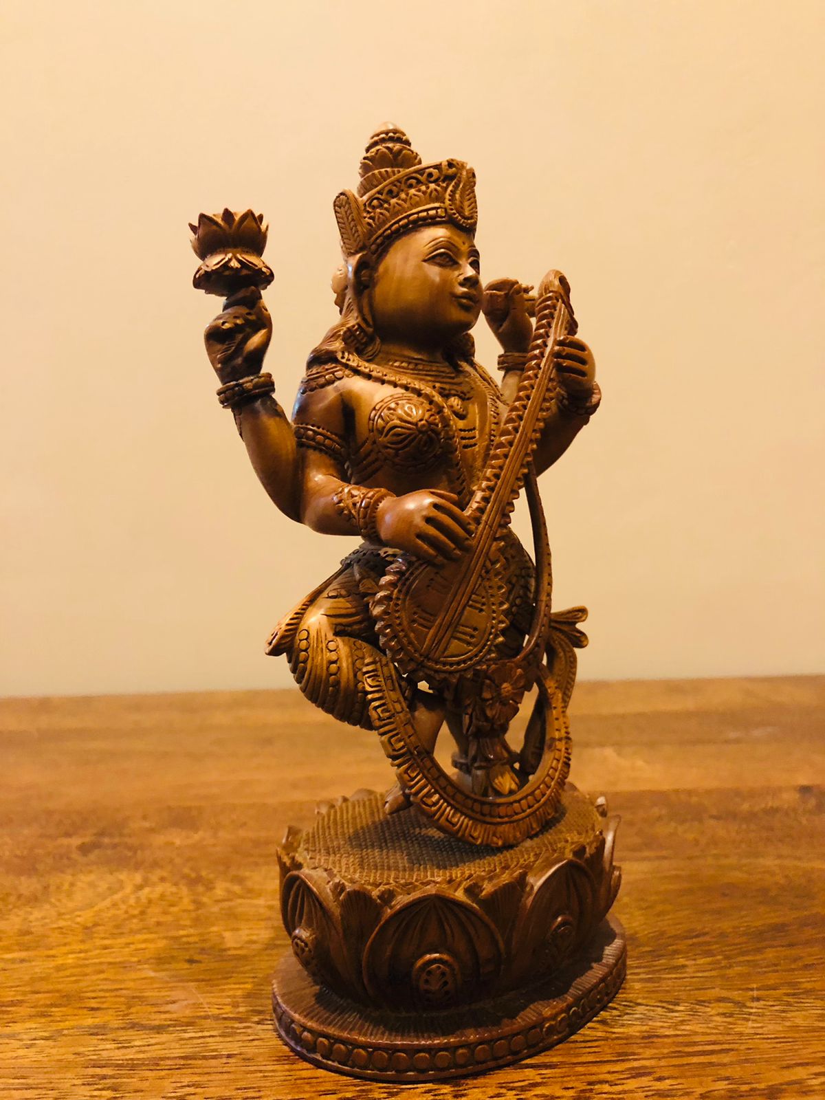sandalwood Special Carved Sitting Goddess Saraswati Statue - Malji Arts