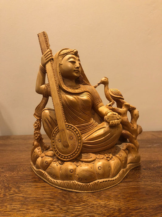 Wooden Hand Carved Meera Statue - Malji Arts