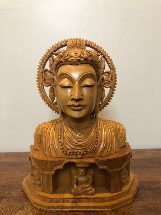 Wooden Fine Hand carved Buddha Bust statue - Malji Arts