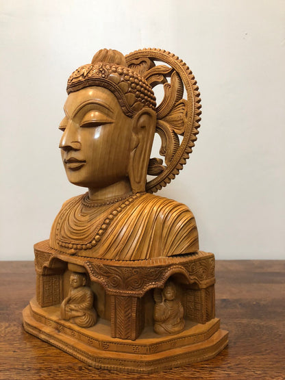 Wooden Fine Hand carved Buddha Bust statue - Malji Arts