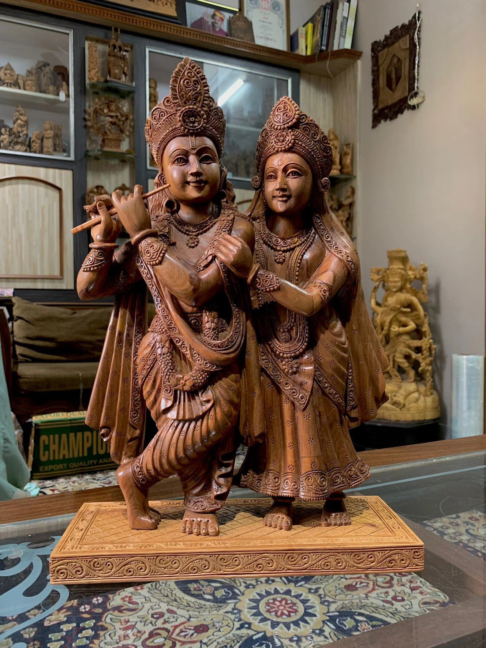 Sandalwood Special Carved Radha Krishna Statue Smiling Face - Malji Arts