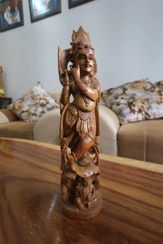 Rare Vintage Sandalwood Carved Krishna Statue Collective Piece With Beautiful Calm Face - Malji Arts