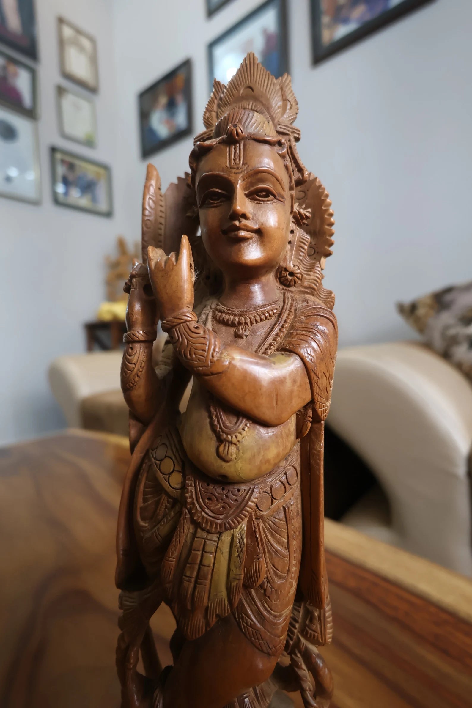 Rare Vintage Sandalwood Carved Krishna Statue Collective Piece With Beautiful Calm Face - Malji Arts