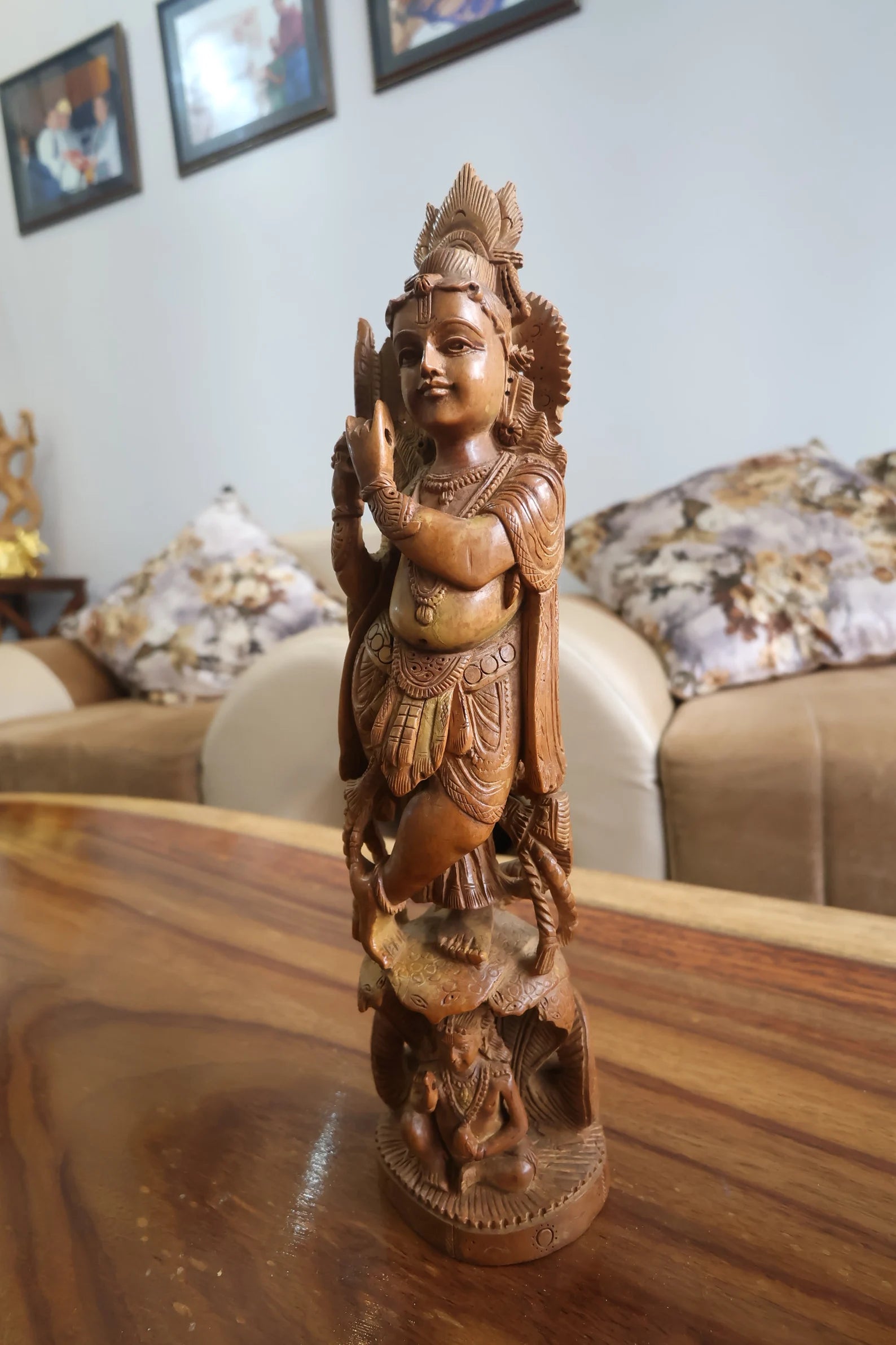 Rare Vintage Sandalwood Carved Krishna Statue Collective Piece With Beautiful Calm Face - Malji Arts