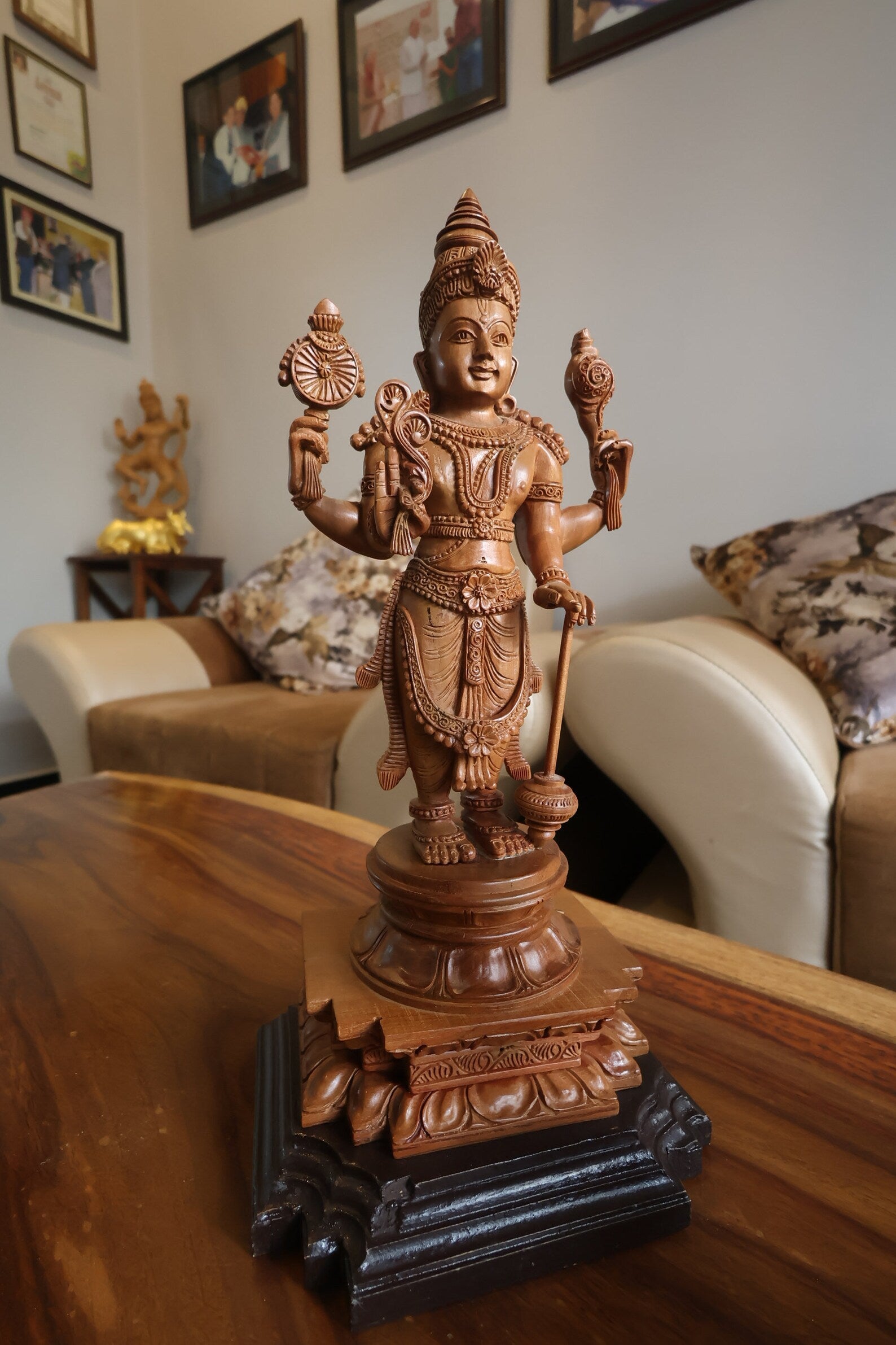 Sandalwood Chola Style Fine Carved Lord Vishnu - Malji Arts