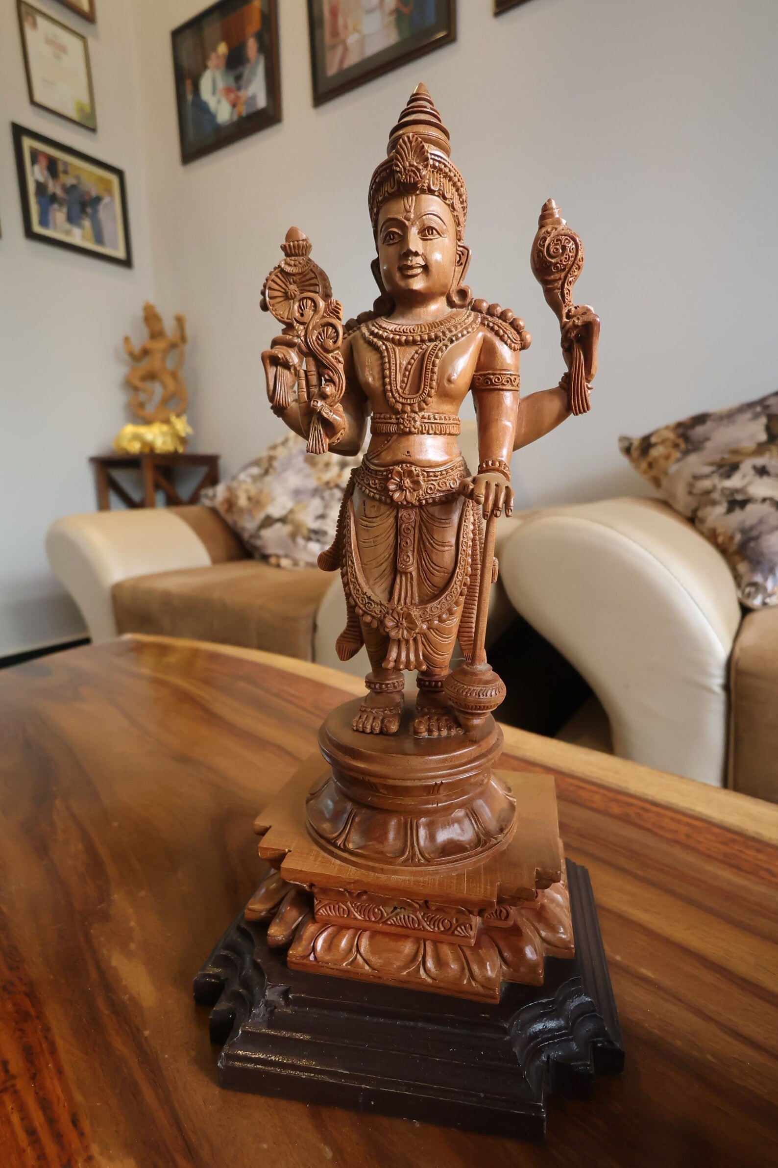 Sandalwood Chola Style Fine Carved Lord Vishnu - Malji Arts