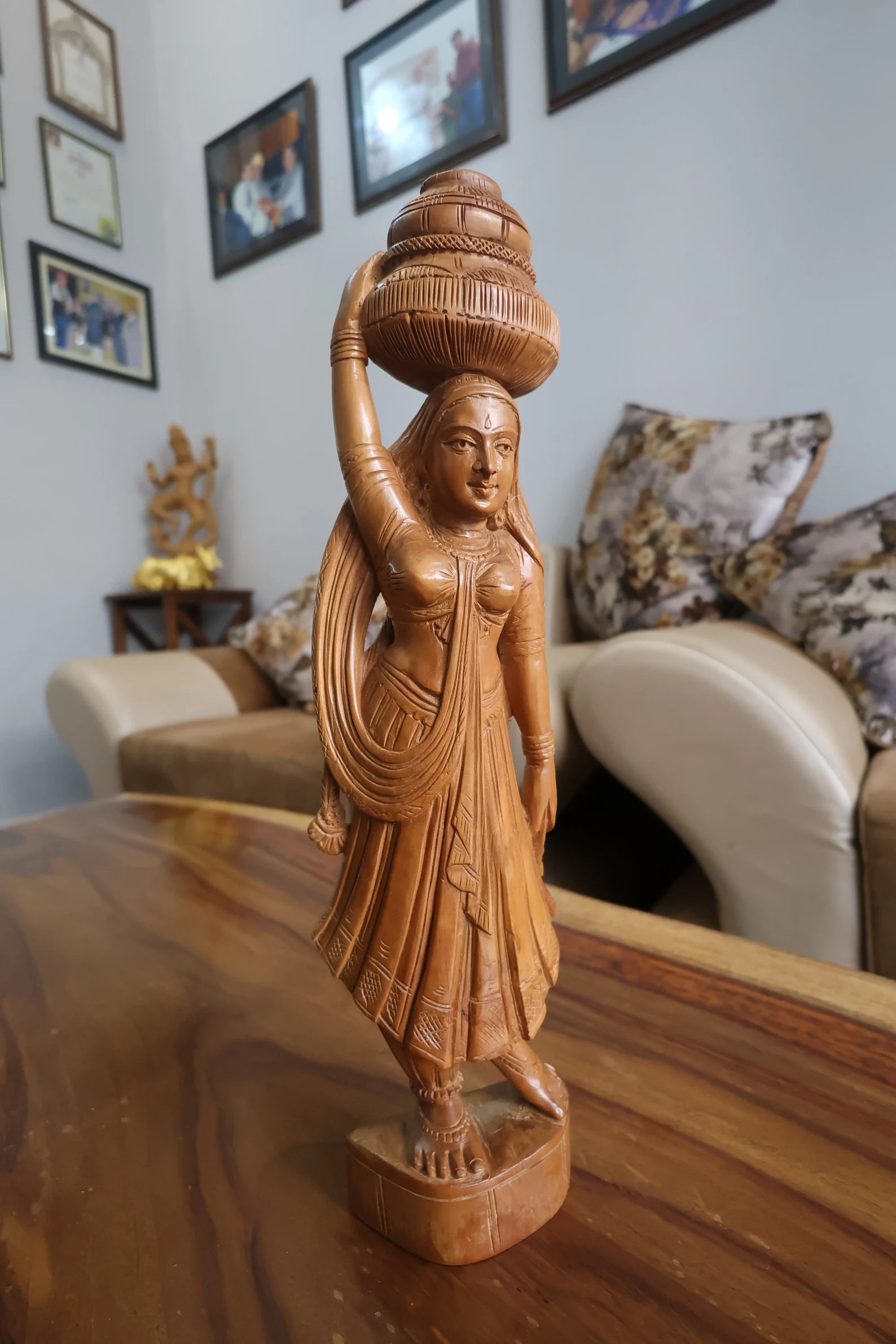 Antique Sandalwood Rate Radha Holding Pot Statue - Malji Arts